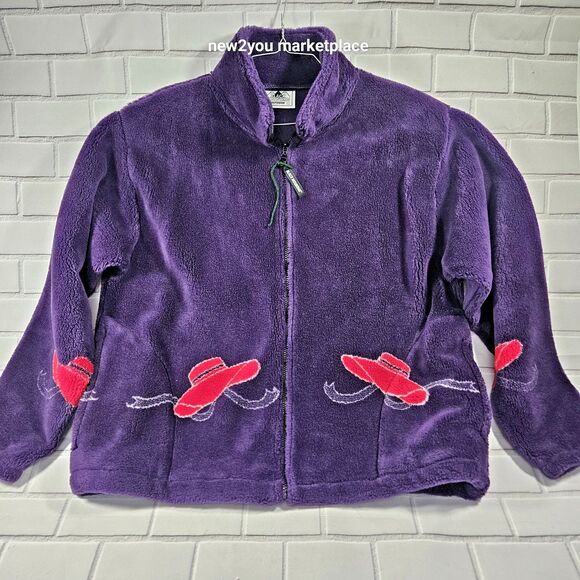 Vintage Black Mountain Outdoor Heavy Fleece Jacket Sz Large Purple Chic Red Hat - Picture 1 of 9